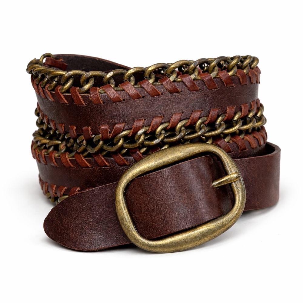 Punto Fibbia Brown Leather Chain Whipstitch Belt Brass Buckle Women Size L Weste